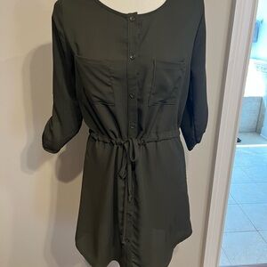 Olive Green Button-Front Drawstring Shirt Dress